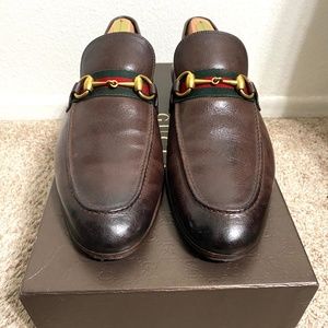 Gucci Jordaan Brown Horsebit Web Loafers (322500) G9.5 = US10.5